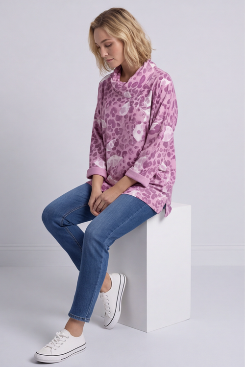 Beryl Print Cowl Neck Cotton Top Pink - Image 6