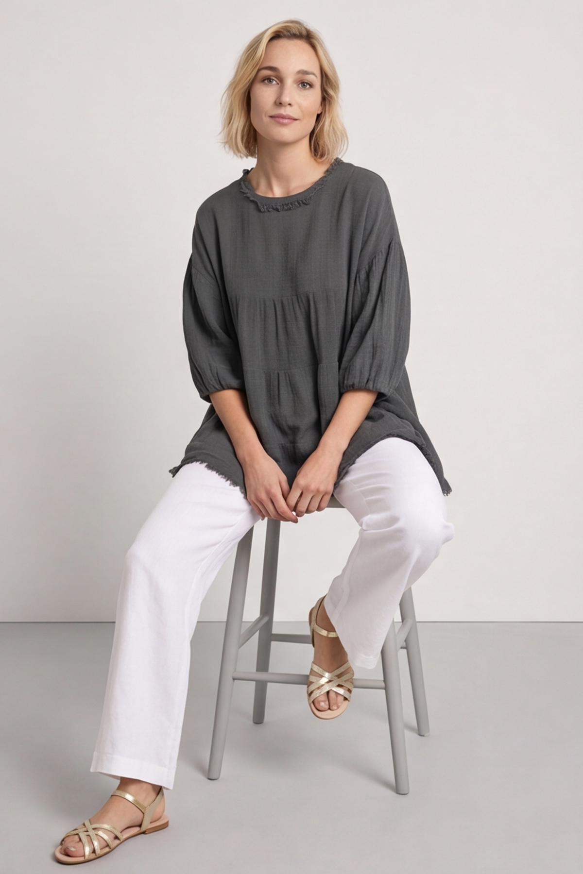 Bingham Tiered Cotton Top Charcoal