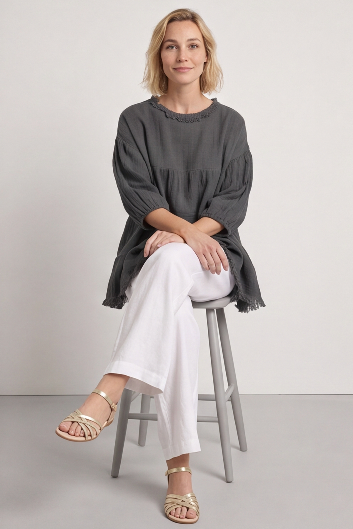 Bingham Tiered Cotton Top Charcoal