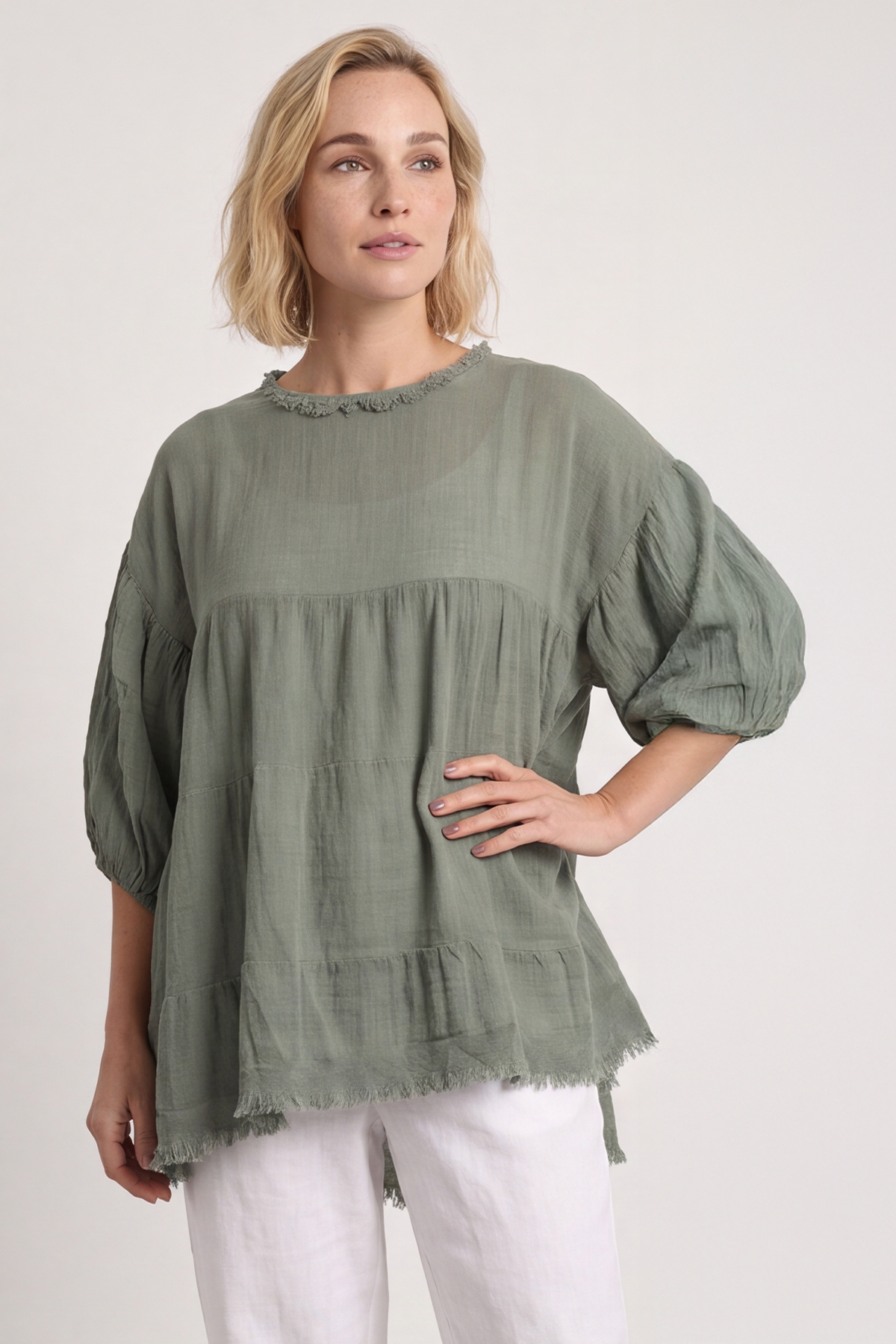 Bingham Tiered Cotton Top Khaki