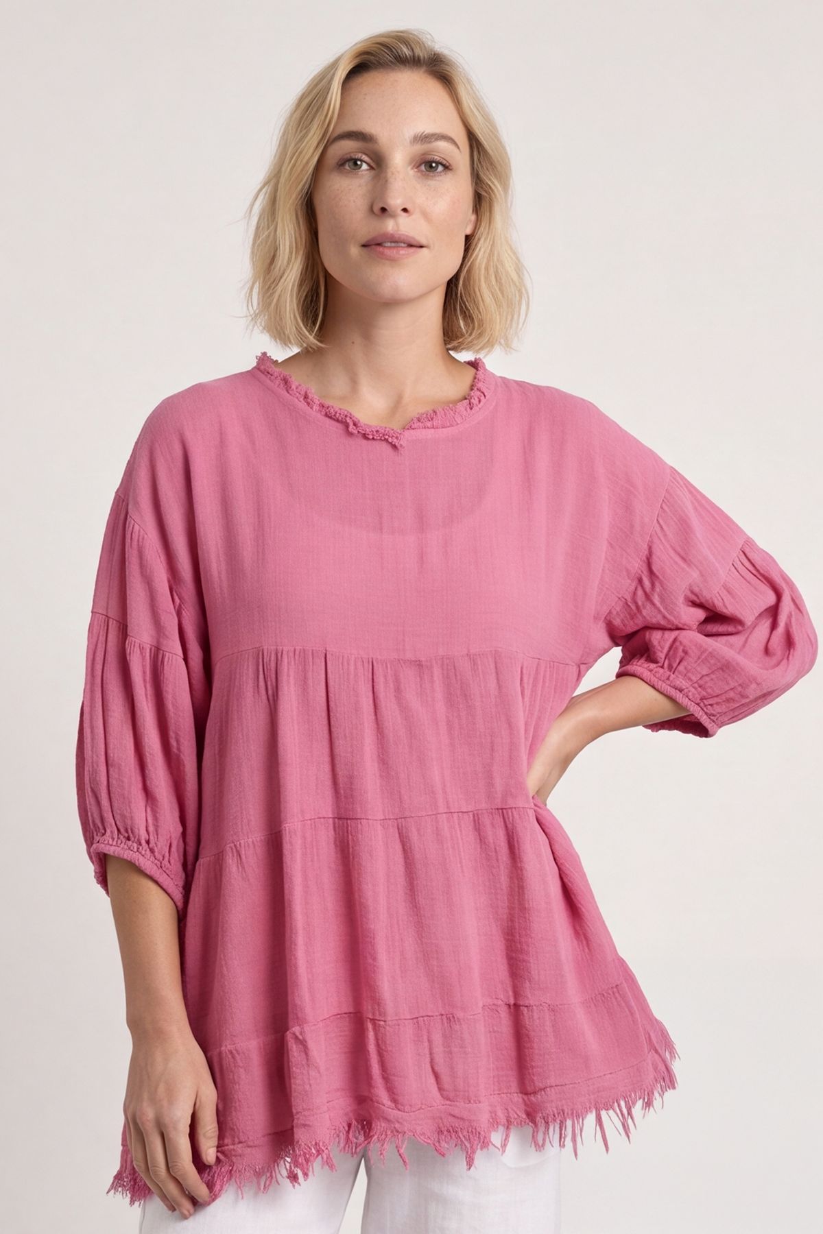 Bingham Tiered Cotton Top Fuchsia