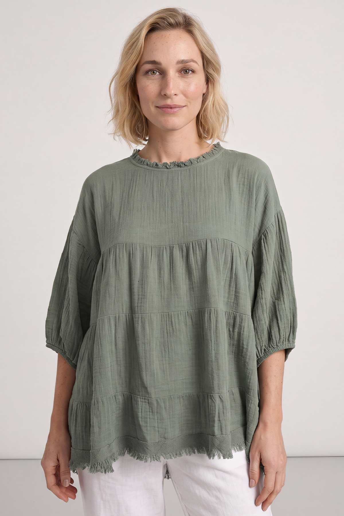 Bingham Tiered Cotton Top Khaki