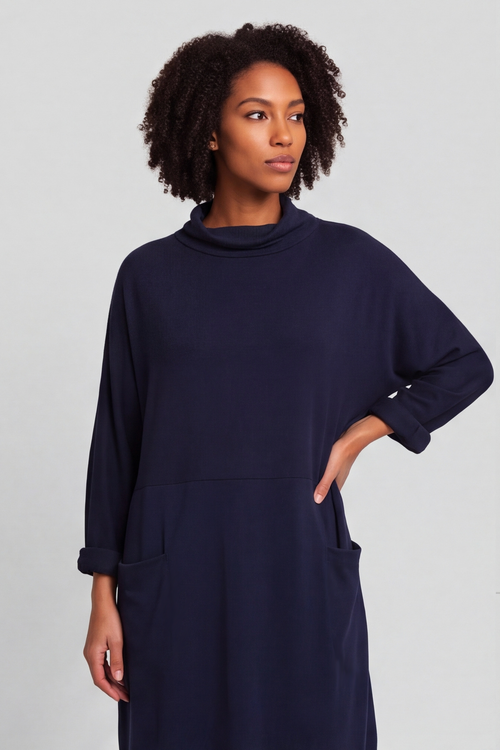 Libby Cowl Neck Cotton Dress Navy - Image 5