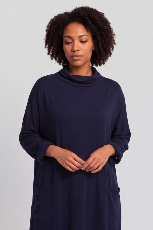 Libby Cowl Neck Cotton Dress Navy - Image 6