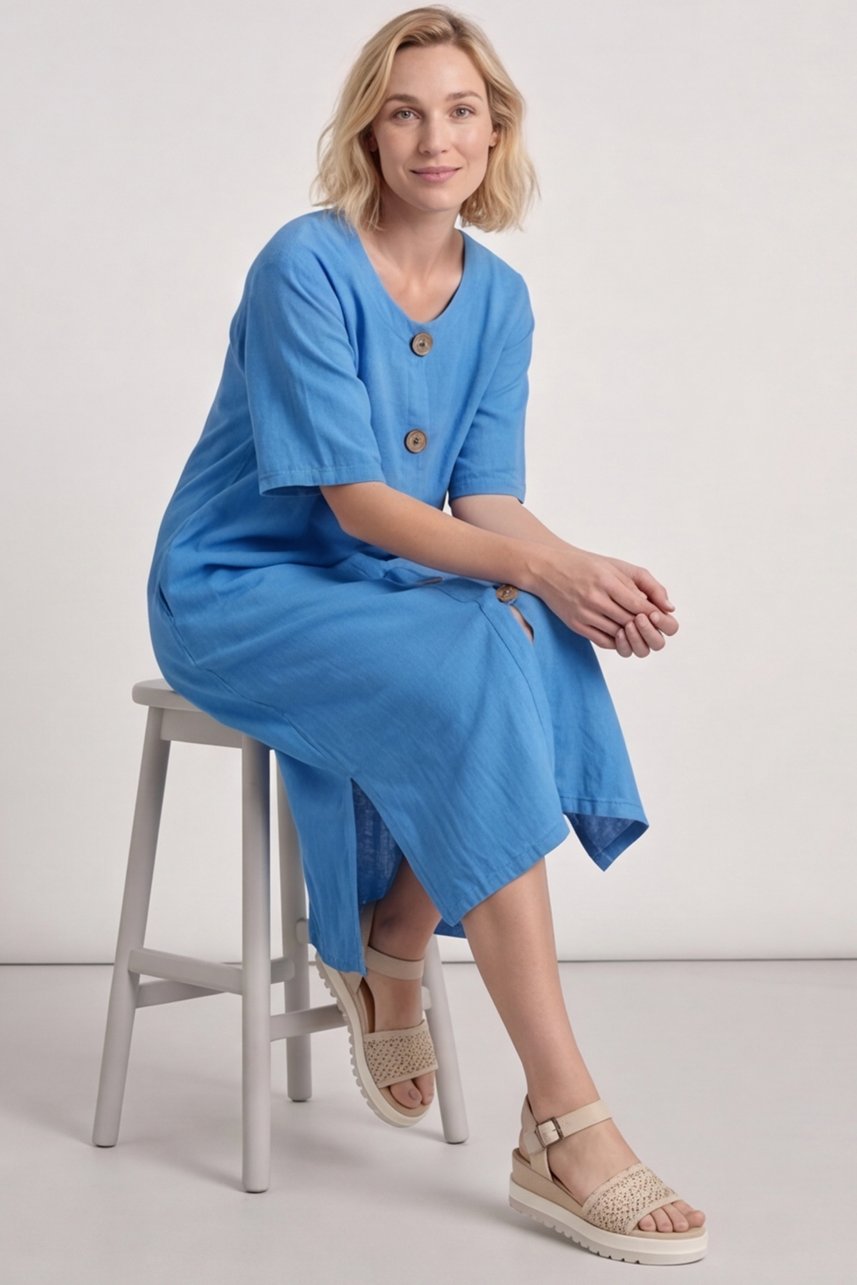 Pauline Linen 2 Piece Cardigan and Dress Set Blue