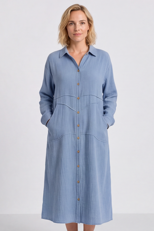 Isabella Button Midi Blue Dress - Image 3