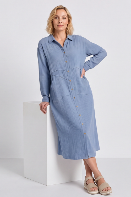 Isabella Button Midi Blue Dress - Image 4