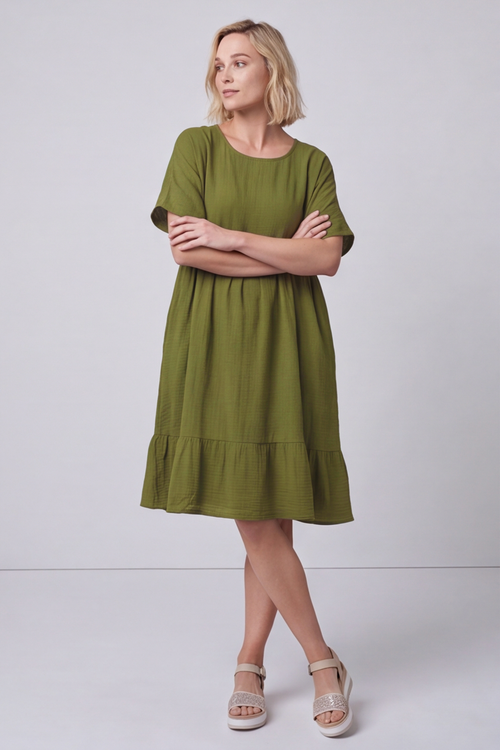 Anya Cotton Pocket Dress Olive - Image 3