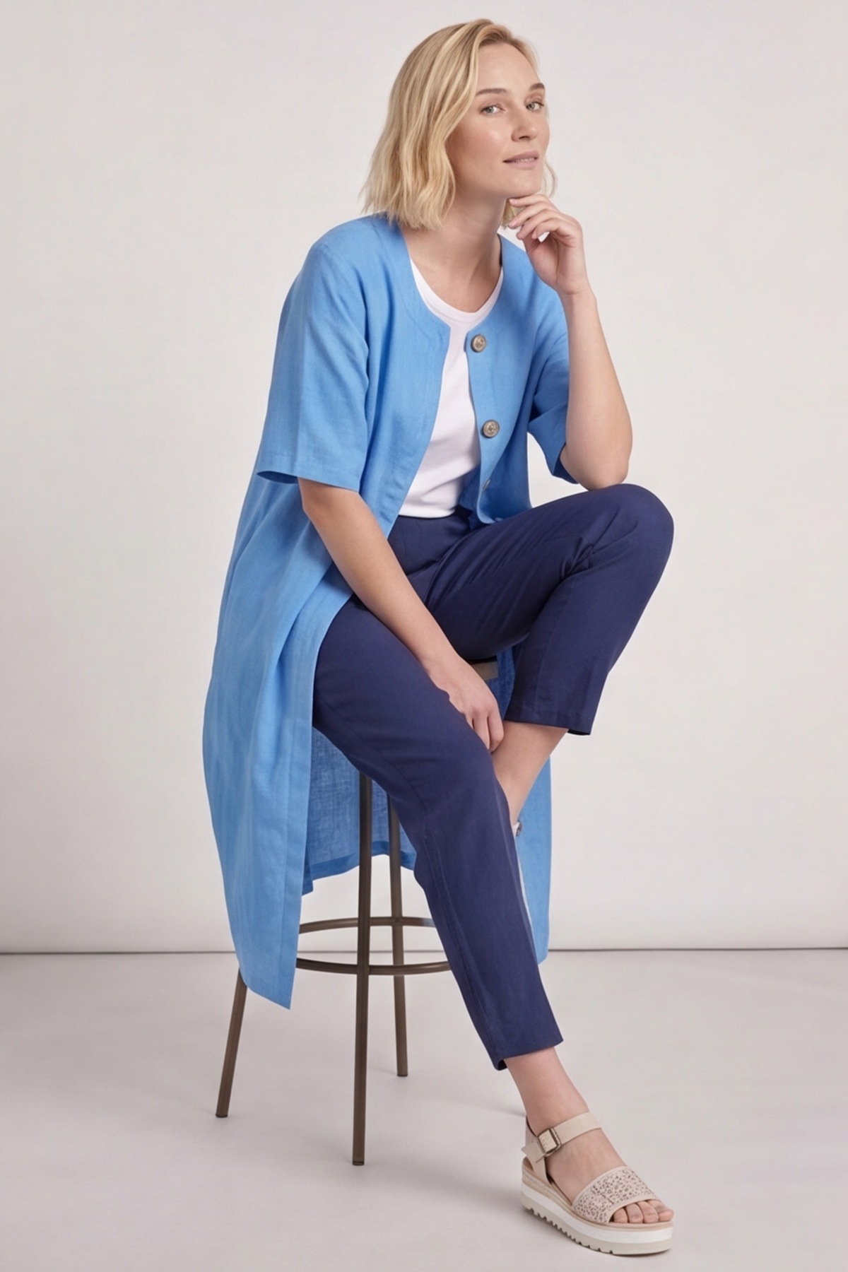 Pauline Linen 2 Piece Cardigan and Dress Set Blue