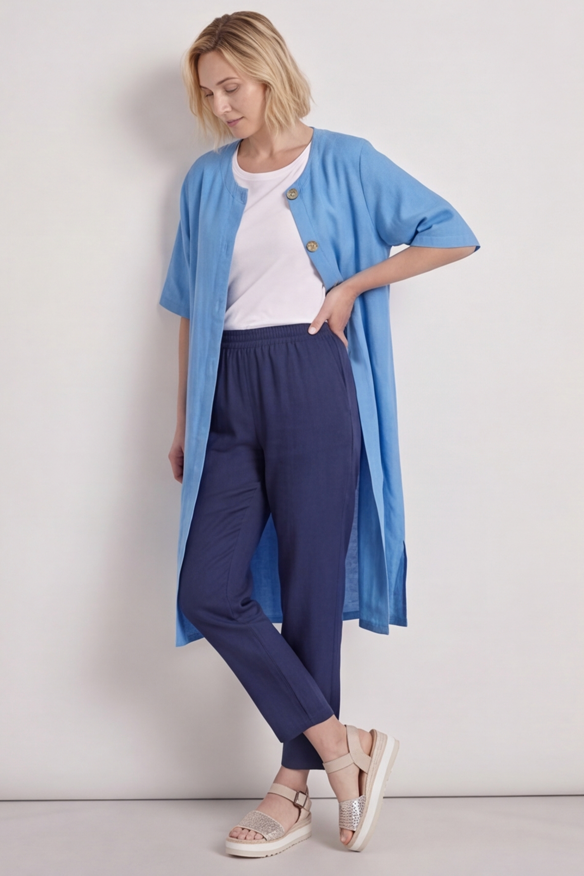 Pauline Linen 2 Piece Cardigan and Dress Set Blue