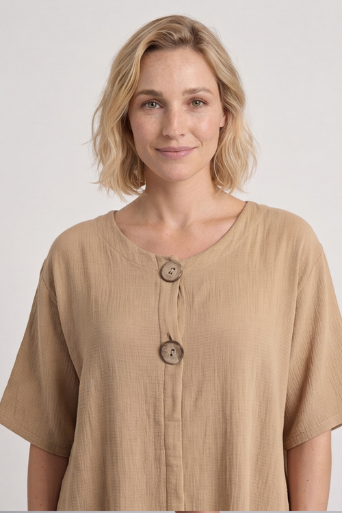 Pauline Linen 2 Piece Cardigan and Dress Set Camel - Image 9