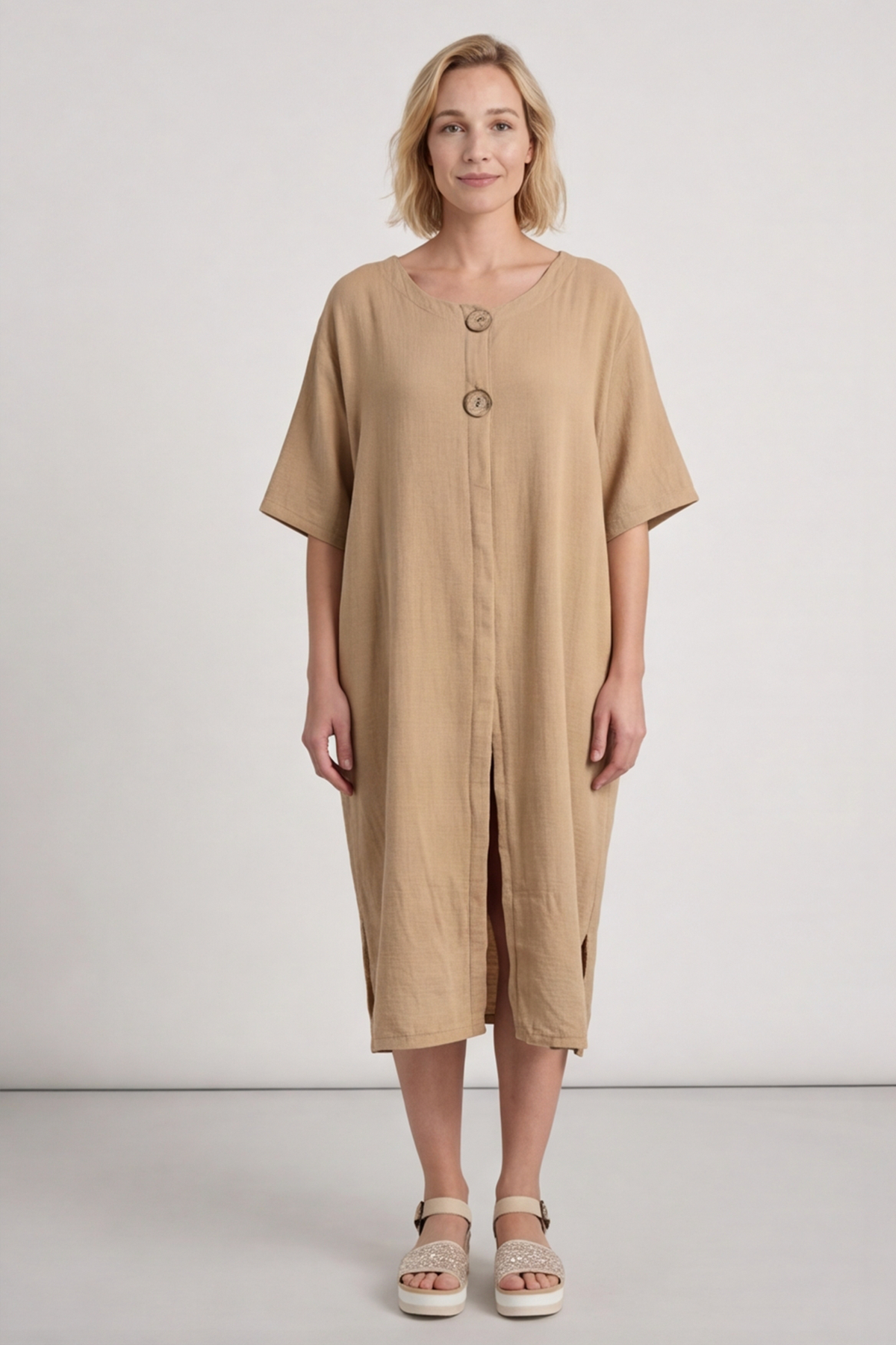 Pauline Linen 2 Piece Cardigan and Dress Set Camel