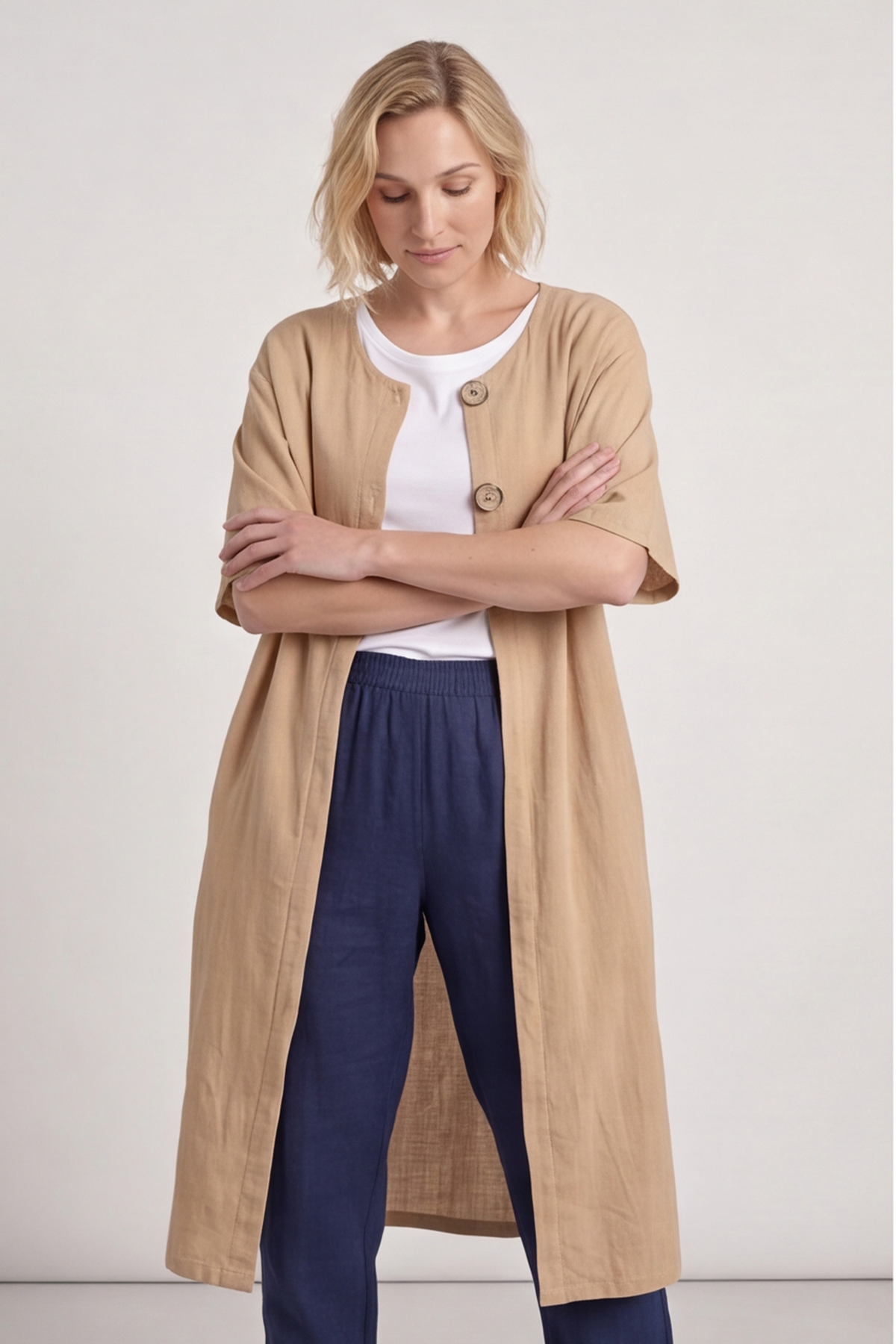 Pauline Linen 2 Piece Cardigan and Dress Set Camel
