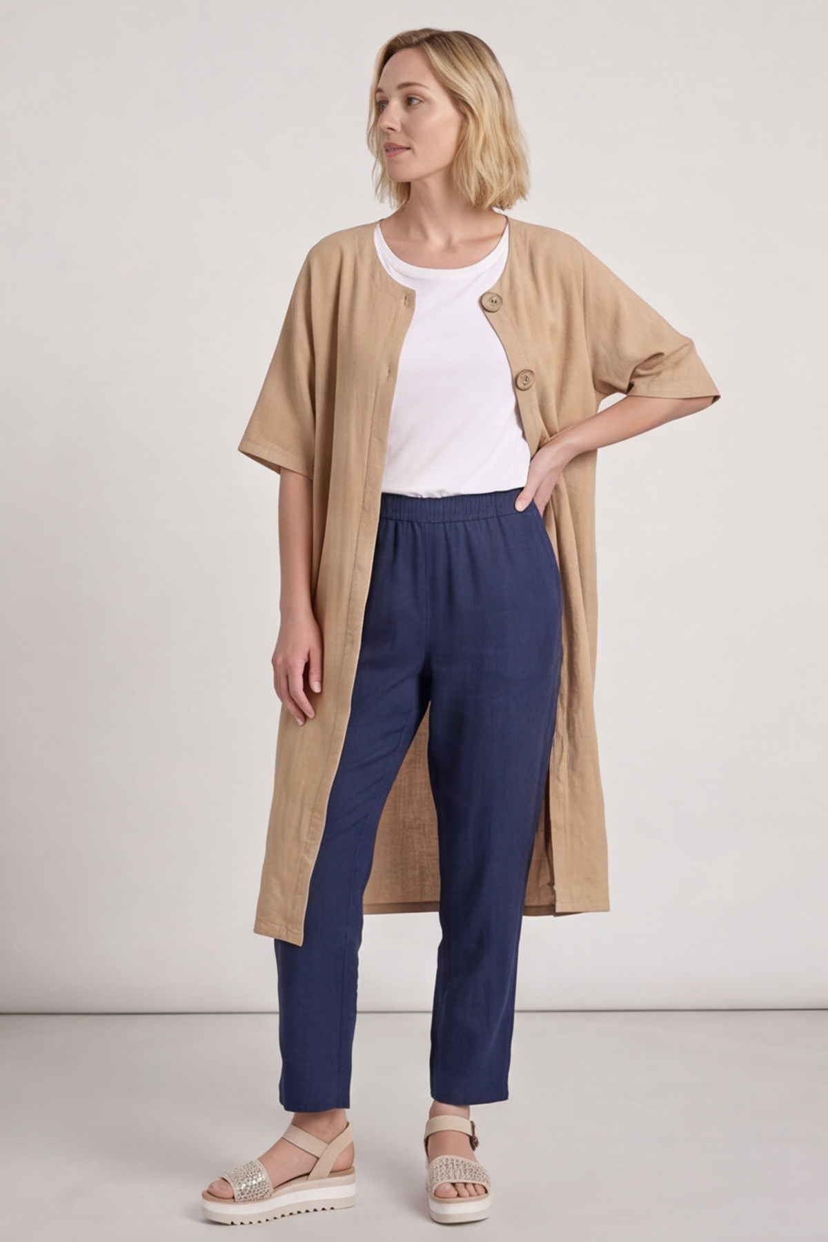 Pauline Linen 2 Piece Cardigan and Dress Set Camel