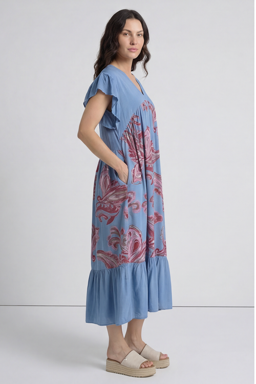 Carli V-Neck Pattern Dress Blue - Image 2