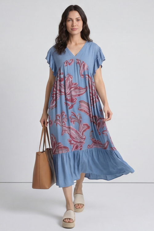 Carli V-Neck Pattern Dress Blue - Image 5