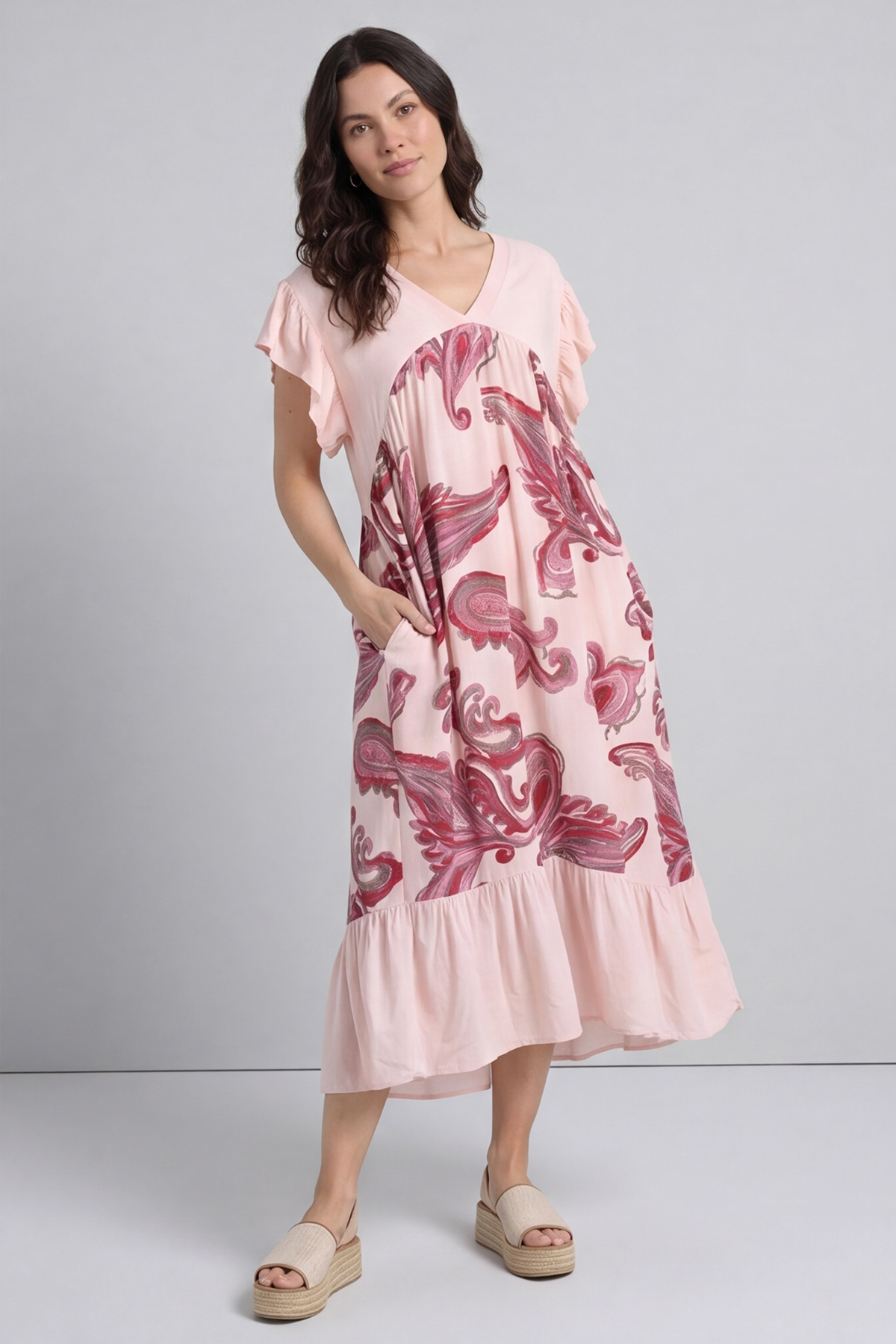 Carli V-Neck Pattern Dress Pink