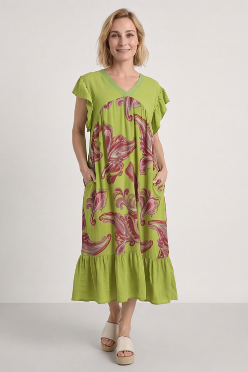 Carli V-Neck Pattern Dress Olive - Image 6