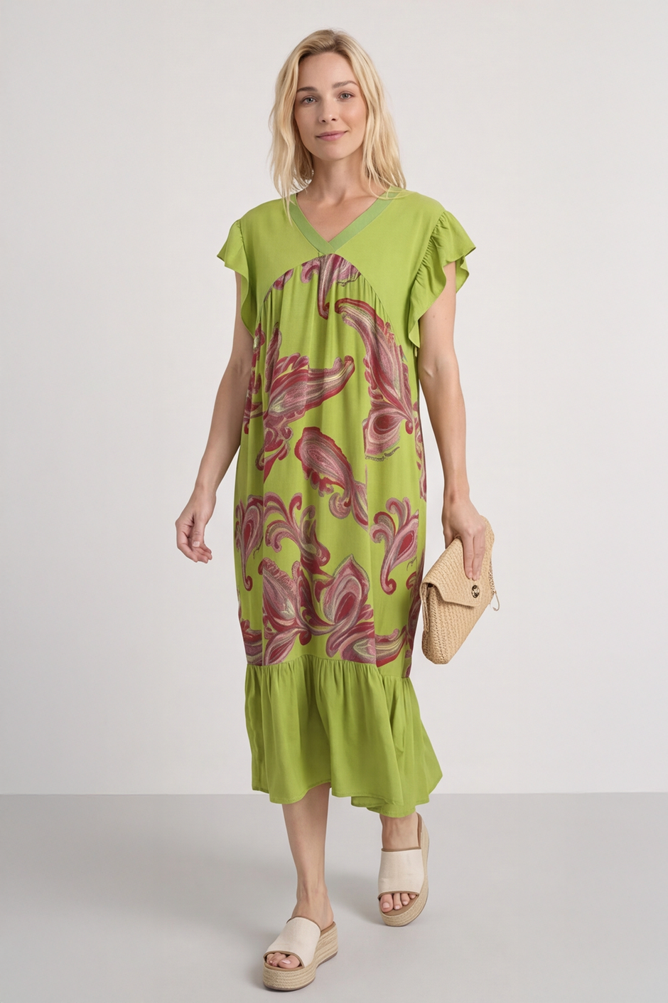 Carli V-Neck Pattern Dress Olive