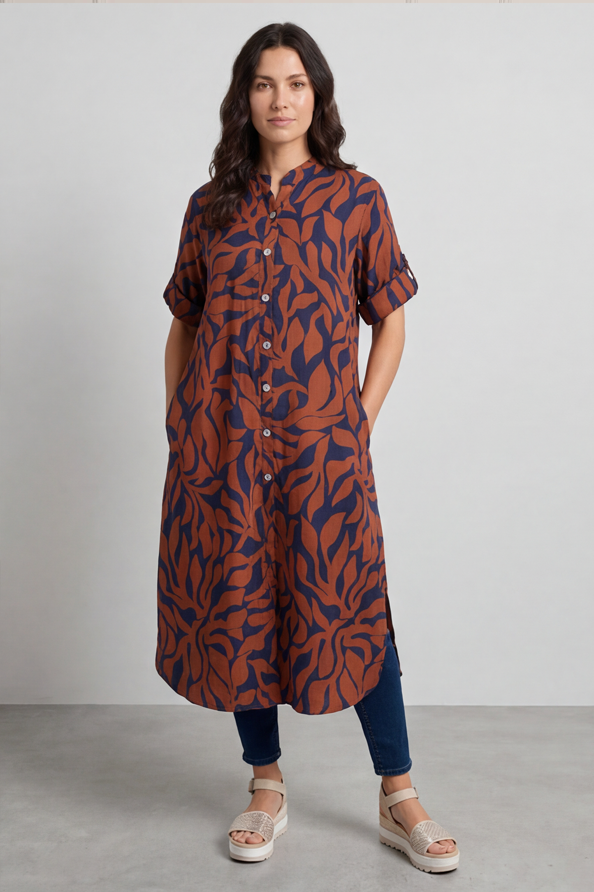 Carlyn Print Button Dress Burnt Orange