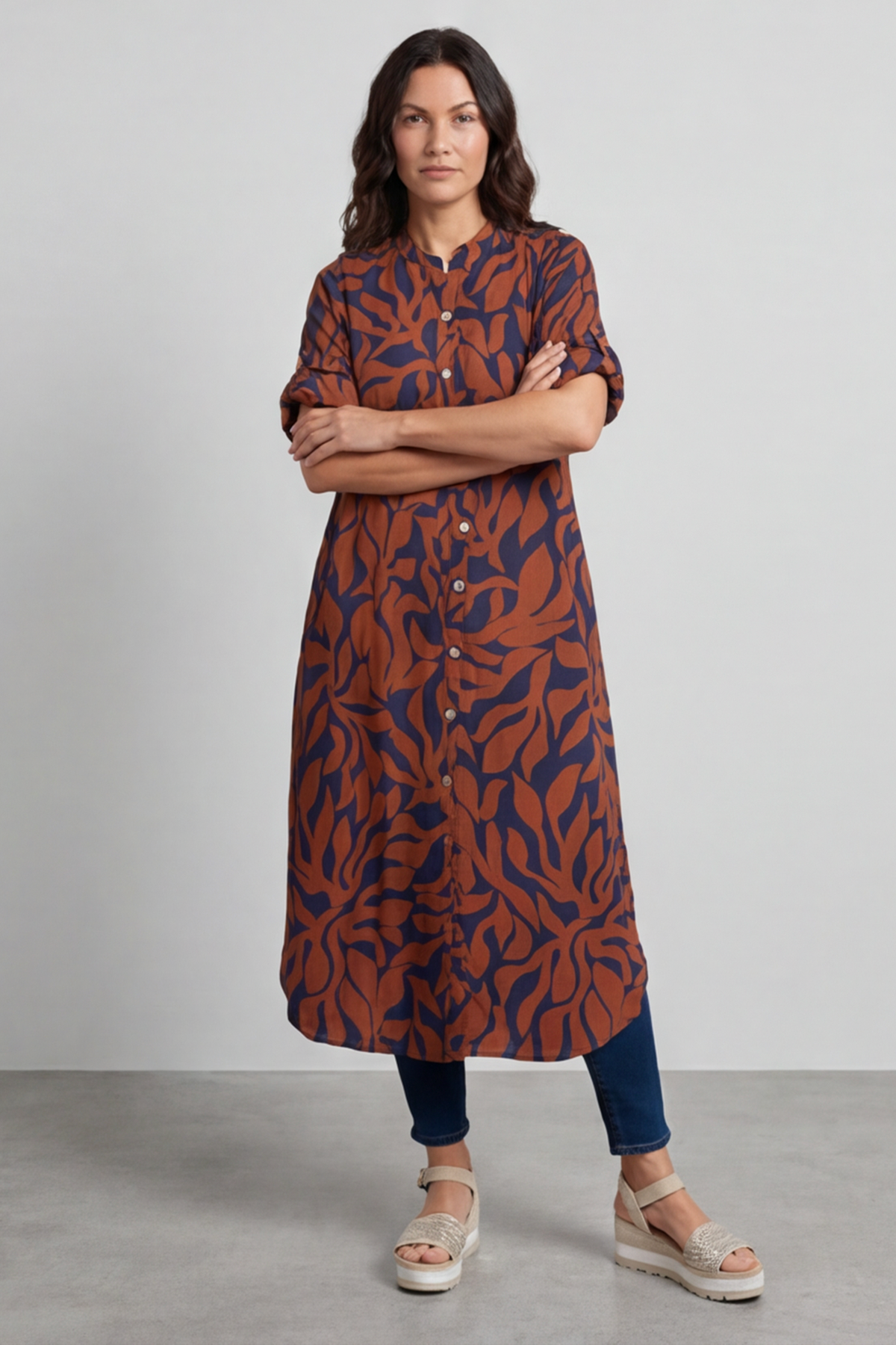 Carlyn Print Button Dress Burnt Orange