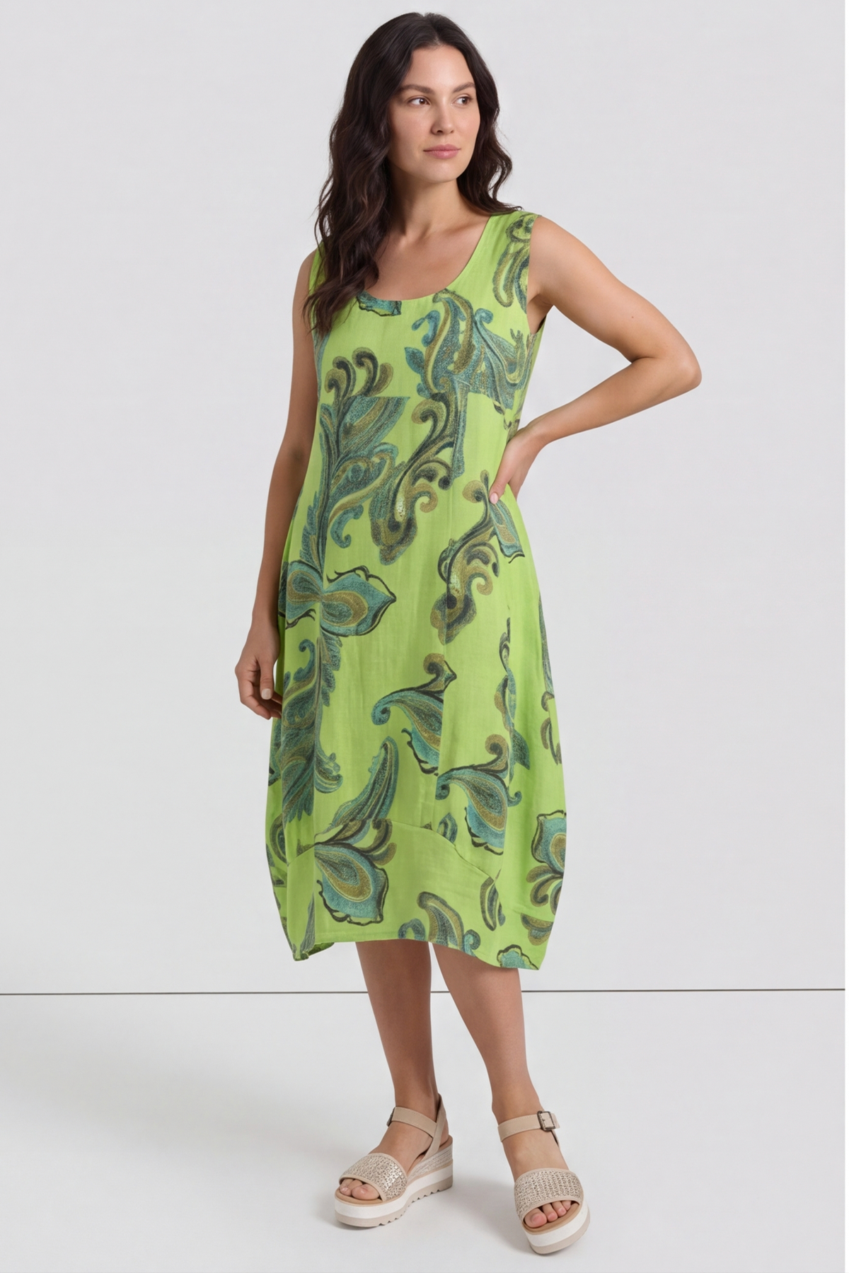 Carrie Sleeveless Pattern Cotton Dress Lime