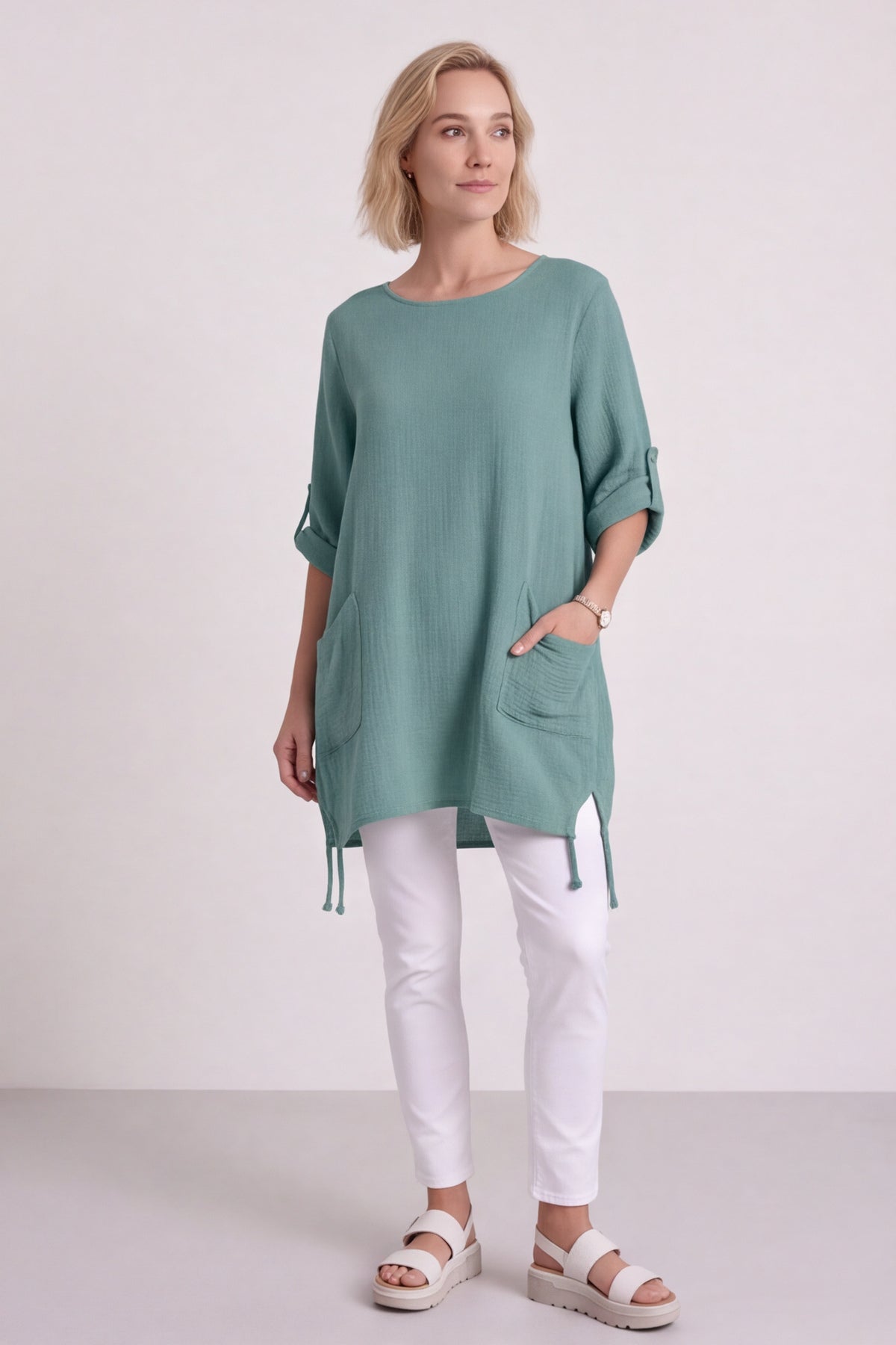 Casey Crinkle Cotton Top Green
