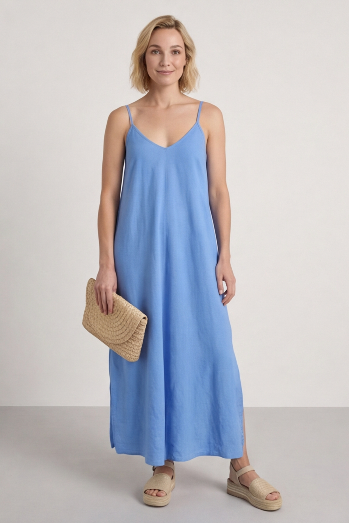 Cesca Strap Linen Dress Powder Blue