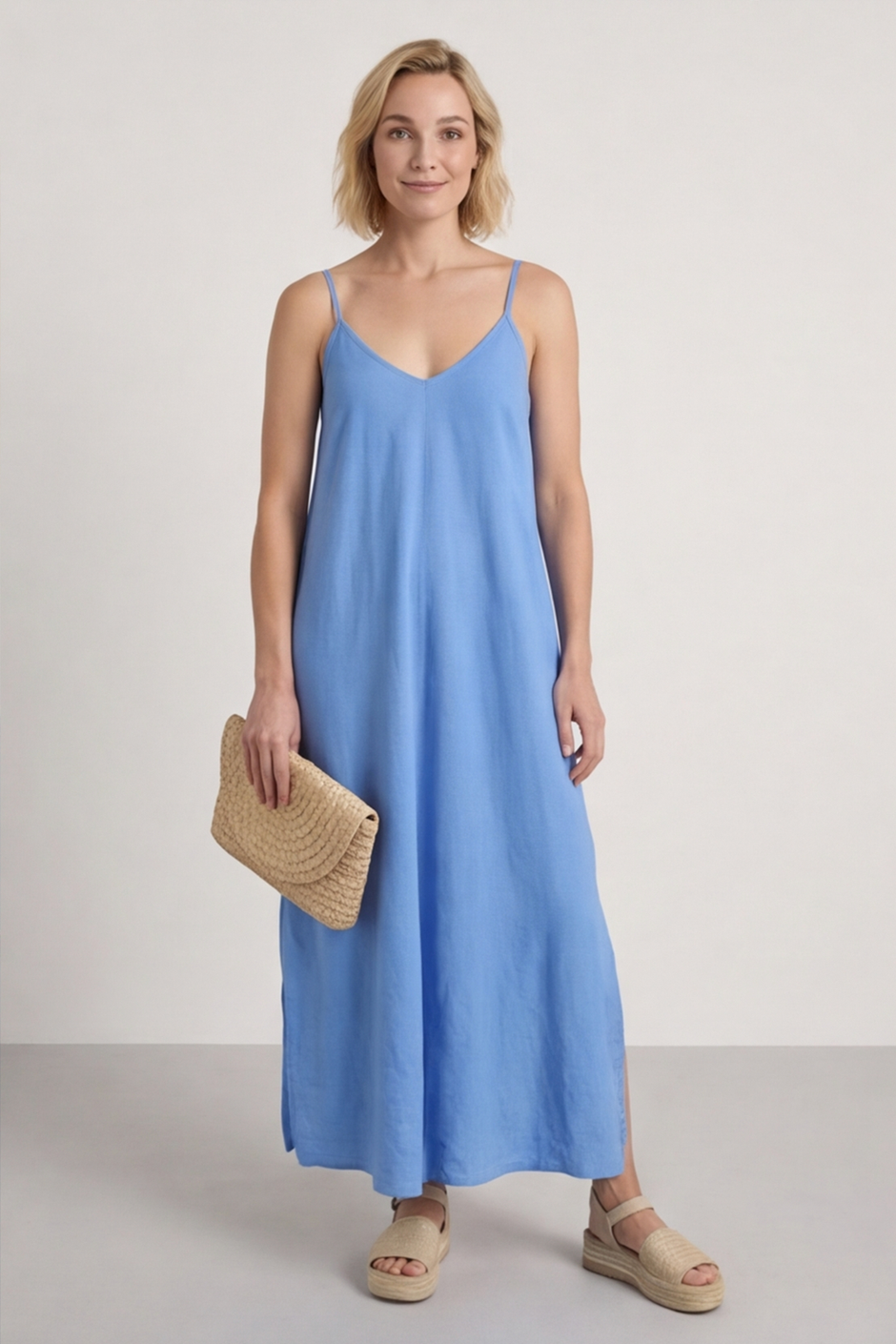 Cesca Strap Linen Dress Powder Blue