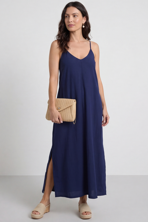 Cesca Strap Linen Dress Navy - Image 5