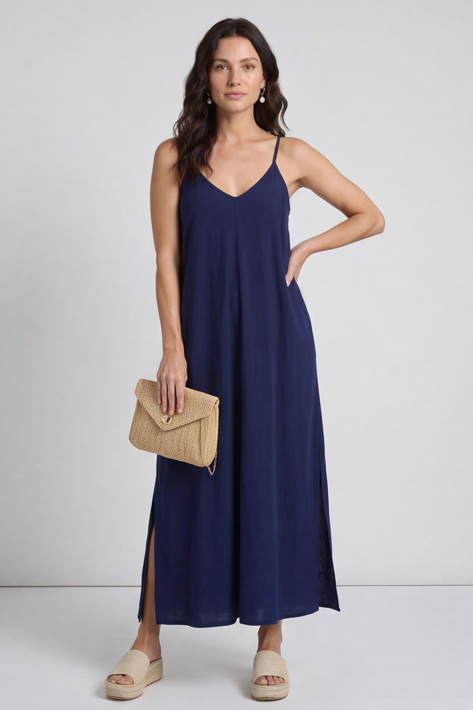 Cesca Strap Linen Dress Navy