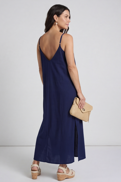 Cesca Strap Linen Dress Navy - Image 2