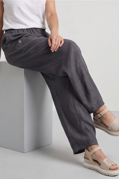 Clarisse Button Pocket Linen Trousers Charcoal - Image 4