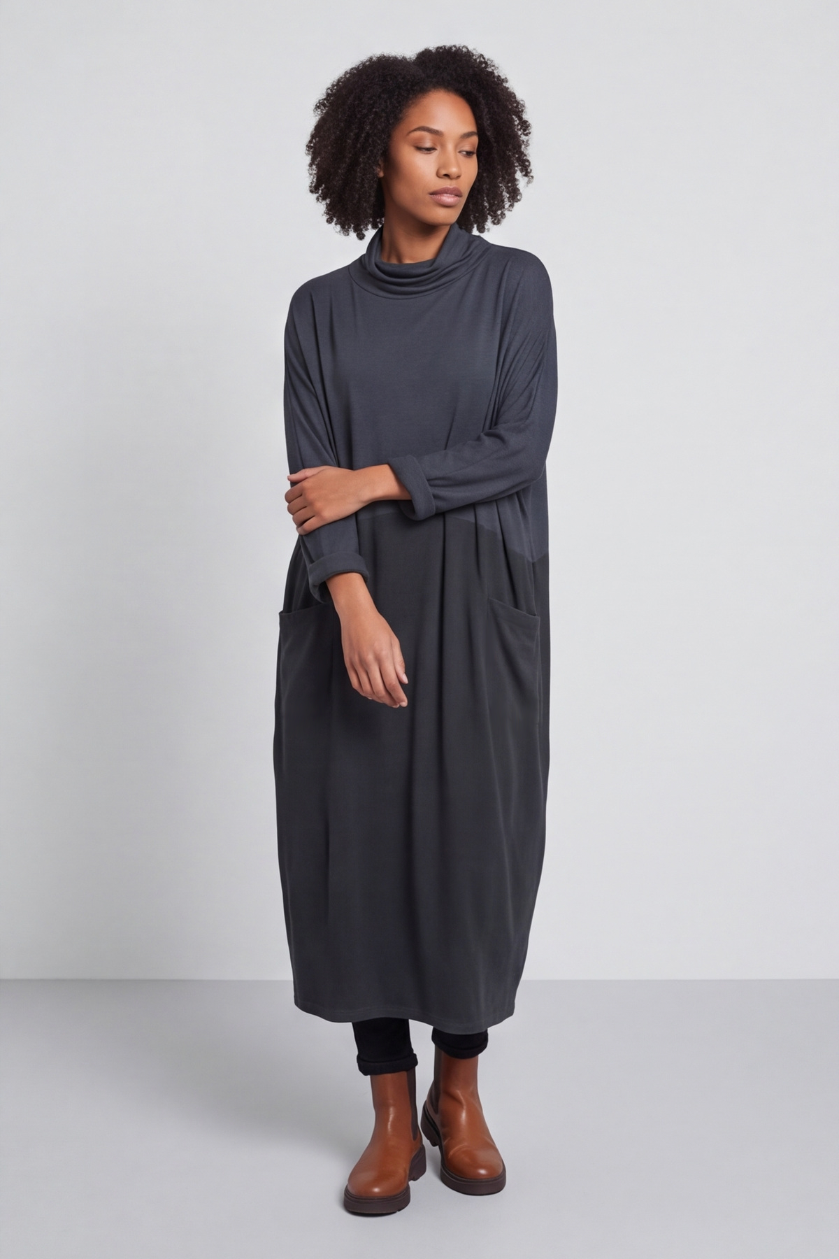 Libby Cowl Neck Cotton Dress Charcoal