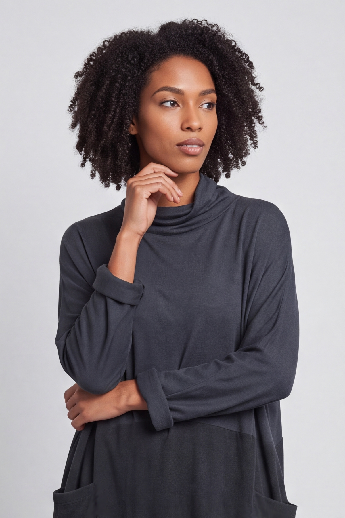 Libby Cowl Neck Cotton Dress Charcoal