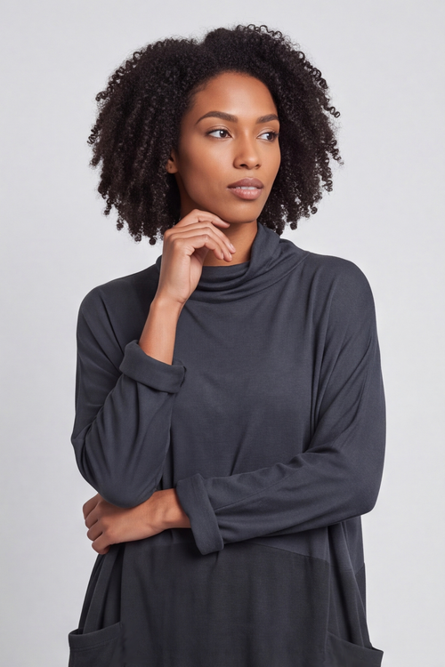 Libby Cowl Neck Cotton Dress Charcoal - Image 3