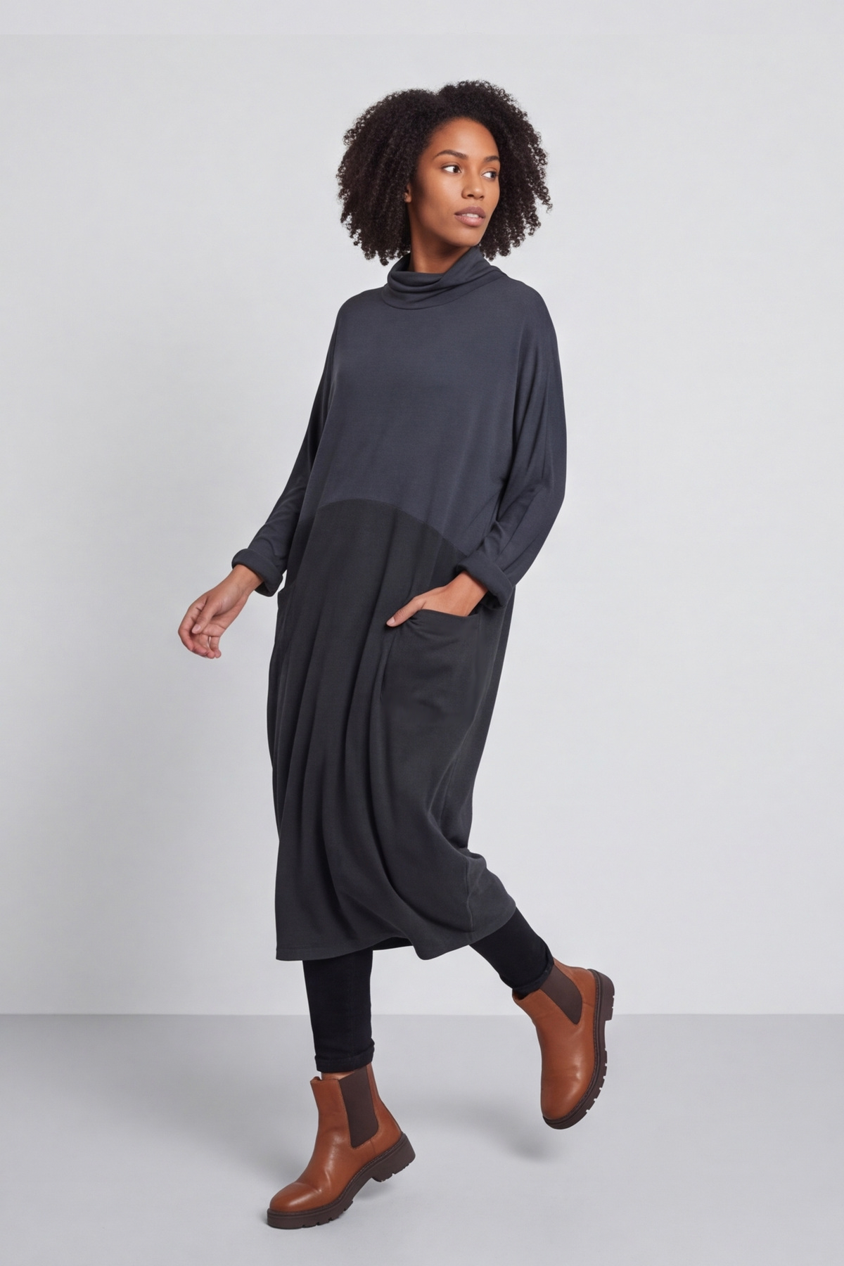 Libby Cowl Neck Cotton Dress Charcoal