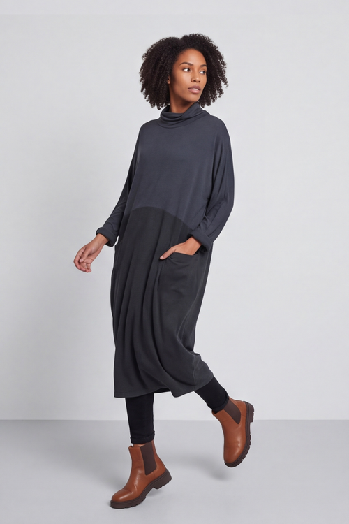 Libby Cowl Neck Cotton Dress Charcoal - Image 4