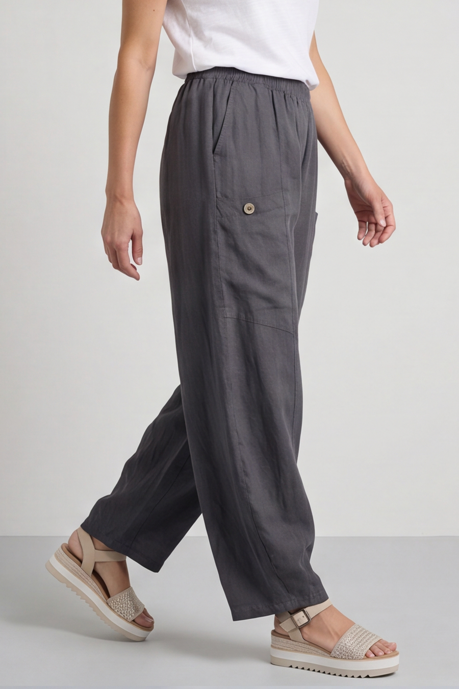 Clarisse Button Pocket Linen Trousers Charcoal