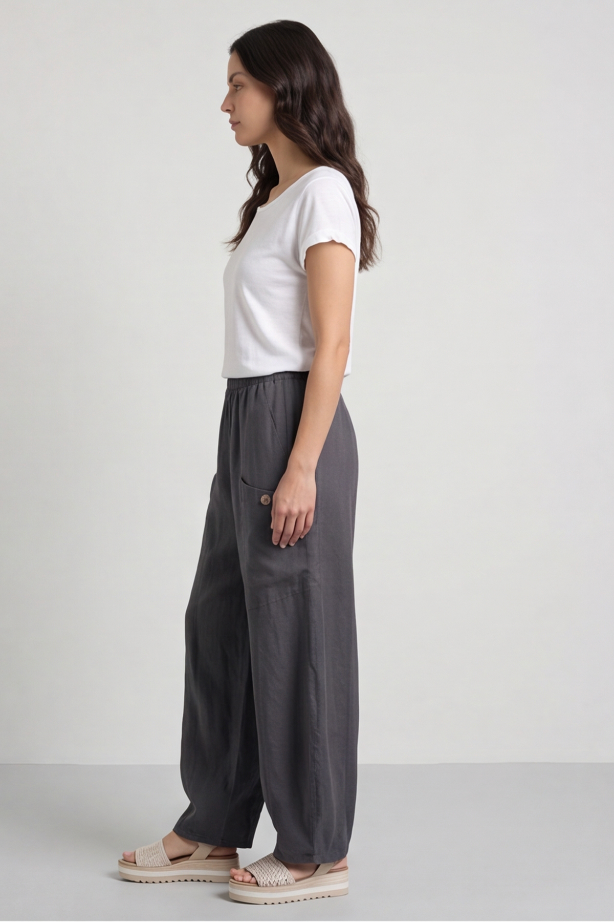 Clarisse Button Pocket Linen Trousers Charcoal