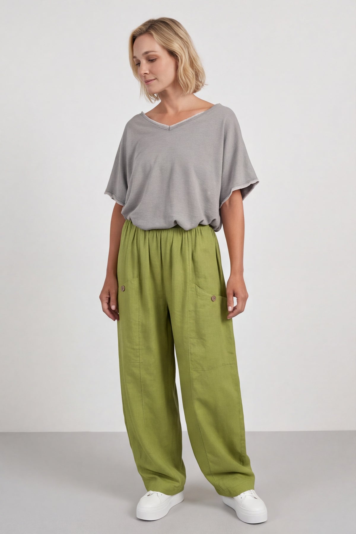 Clarisse Button Pocket Linen Trousers Olive