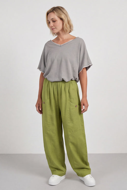 Clarisse Button Pocket Linen Trousers Olive - Image 2