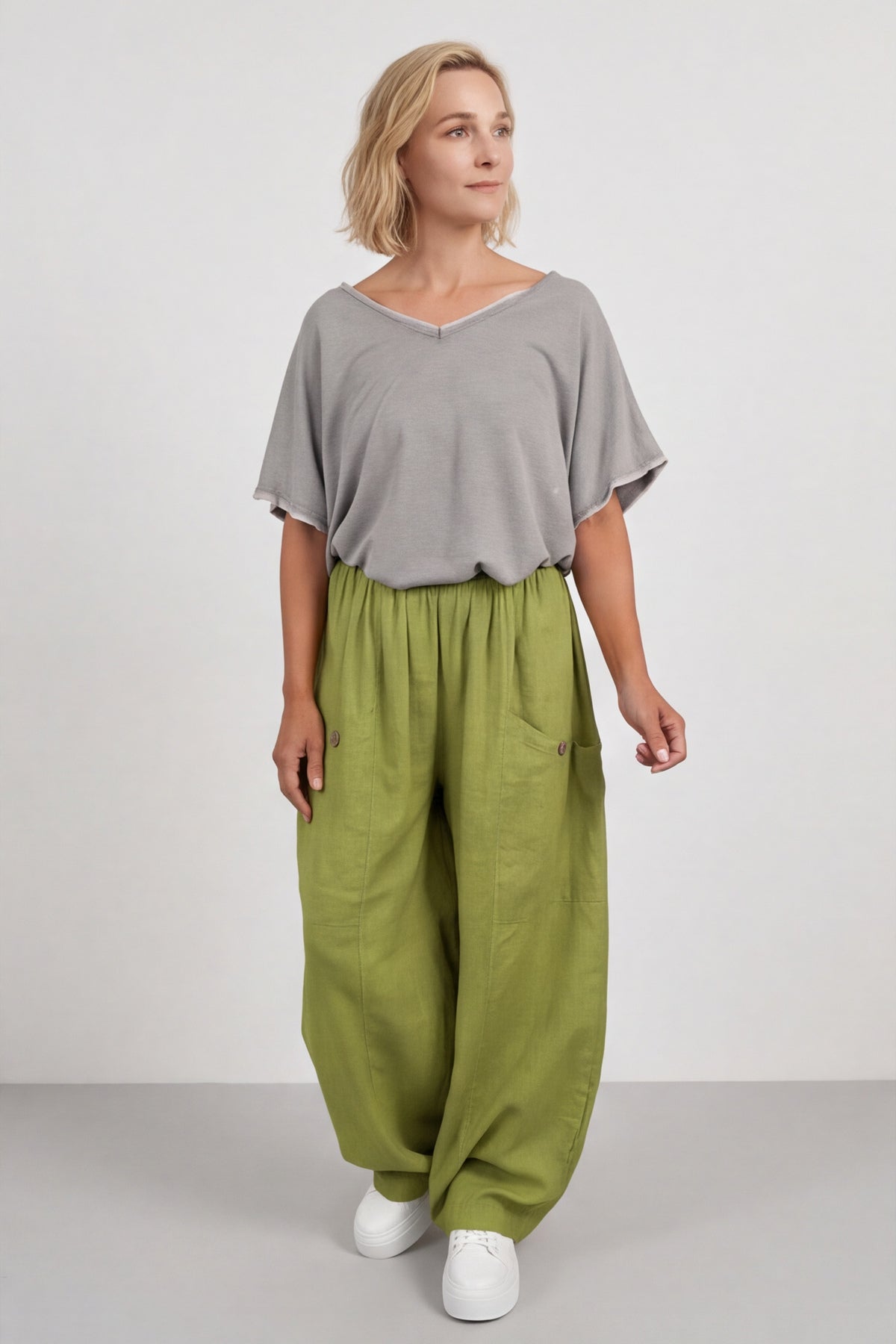 Clarisse Button Pocket Linen Trousers Olive