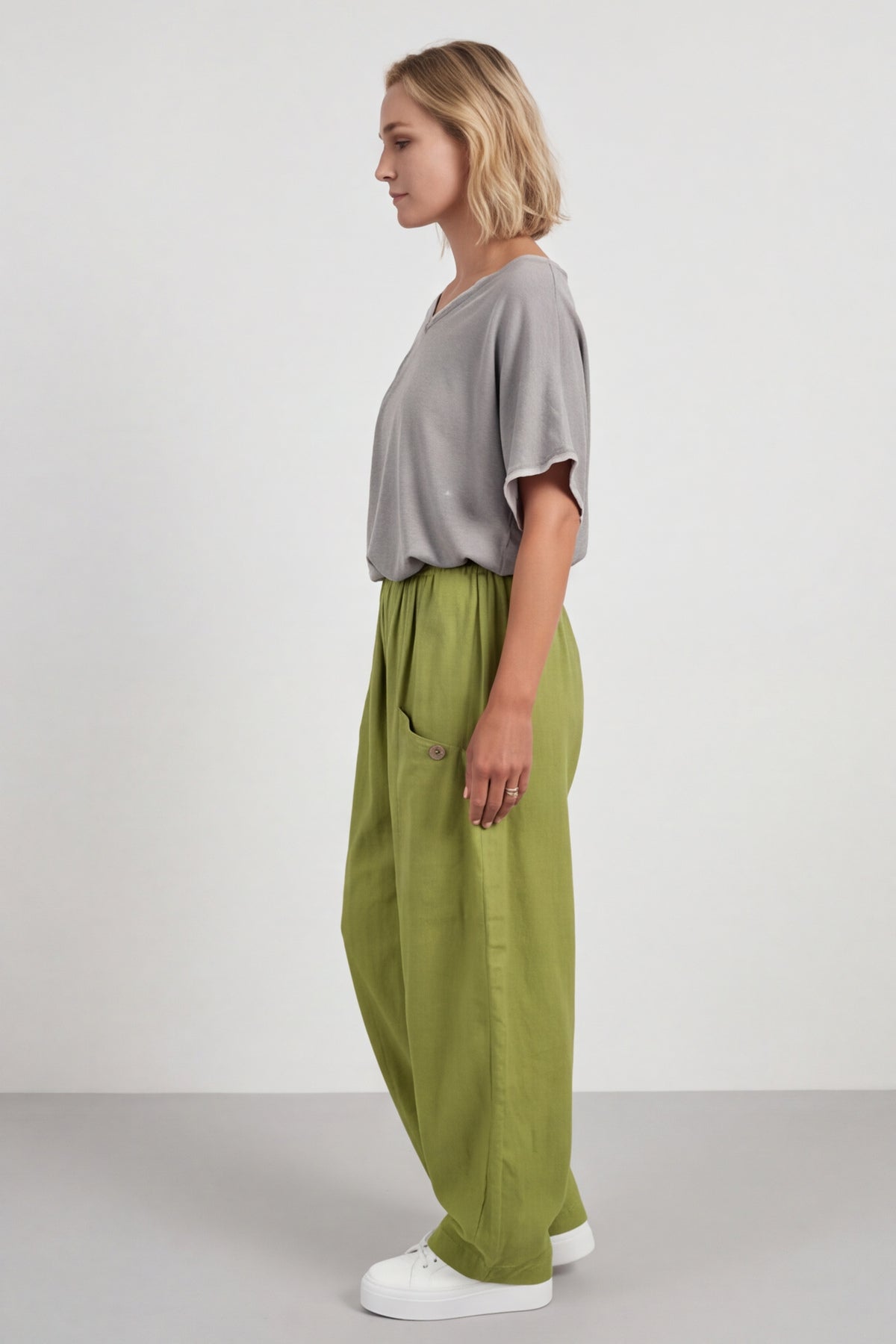 Clarisse Button Pocket Linen Trousers Olive