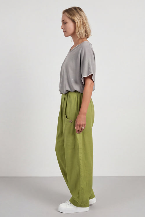 Clarisse Button Pocket Linen Trousers Olive - Image 4