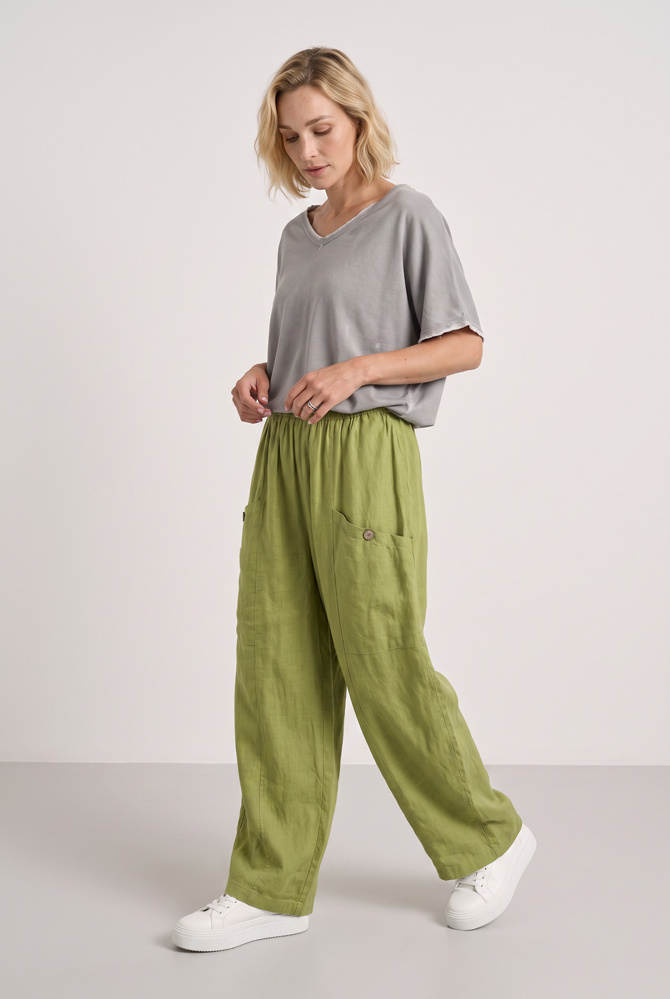 Clarisse Button Pocket Linen Trousers Olive