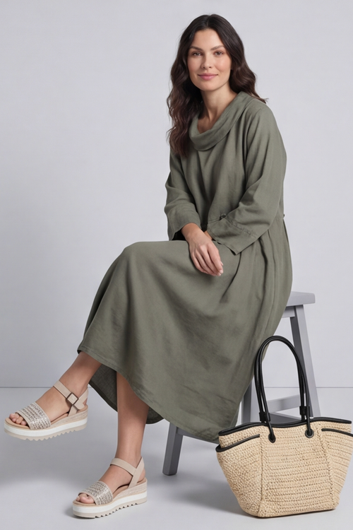 Cromer Button Detail Linen Dress Khaki - Image 3
