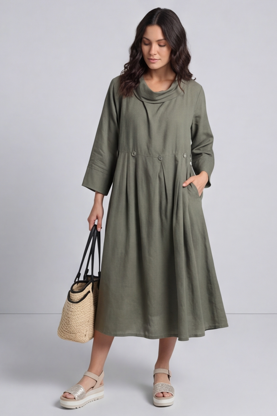 Cromer Button Detail Linen Dress Khaki