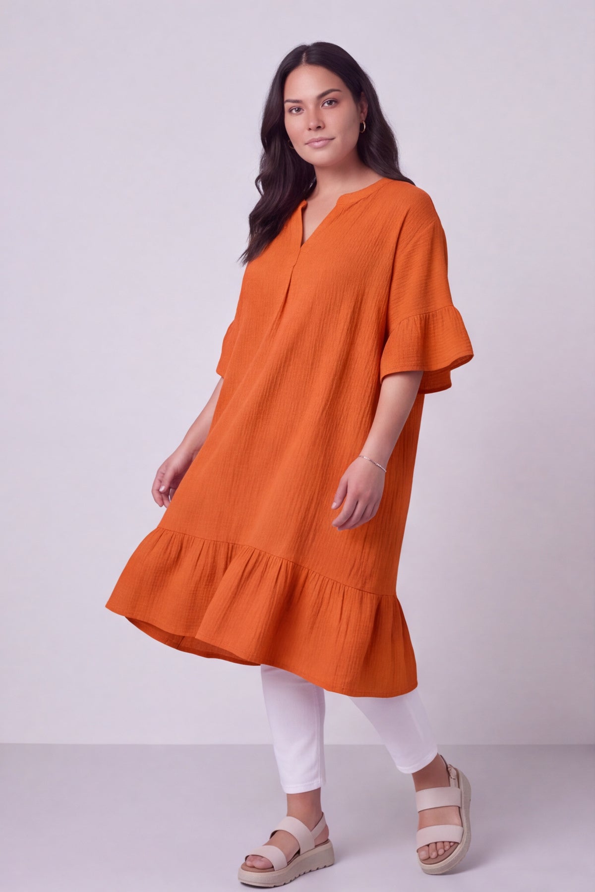 Crespa Crinkle Cotton Dress Orange