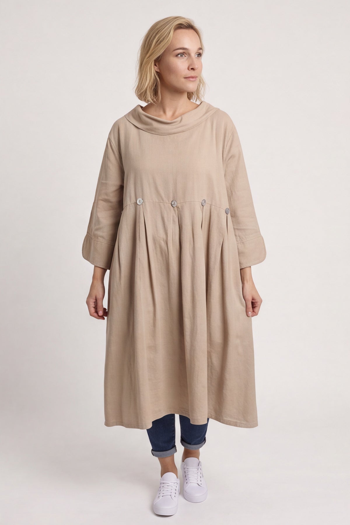 Cromer Button Detail Linen Dress Camel